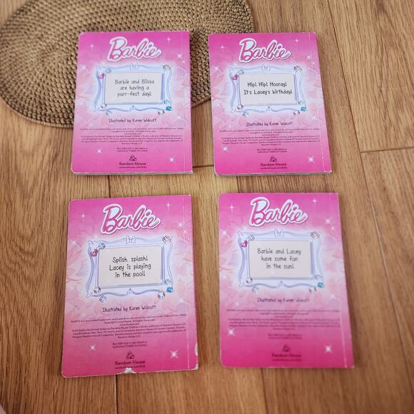 2014 Set of 4 hard cardboard Barbie books pool, birthday, kitty and beach theme - Picture 2 of 9